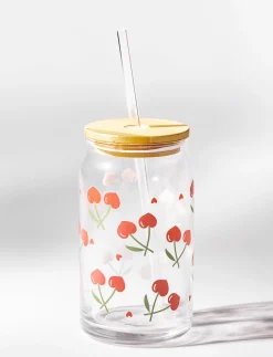 Cherry Straw Glass with Lid