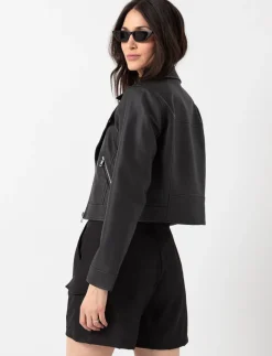 Cropped Faux Leather Jacket with Zip Closure