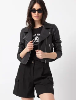 Cropped Faux Leather Jacket with Zip Closure
