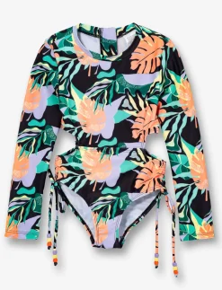 Cutout 1-piece Rash Guard Swimsuit - Little Girl