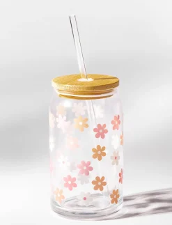 Floral Straw Glass with Lid