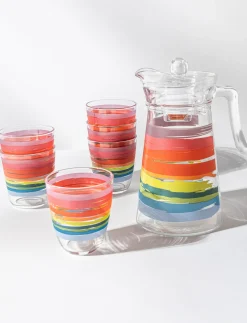 Glass Pitcher and 6 Coloured Stripe Glasses Set
