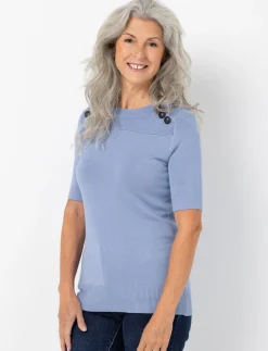 Knit Short-sleeve Sweater with Decorative Buttons