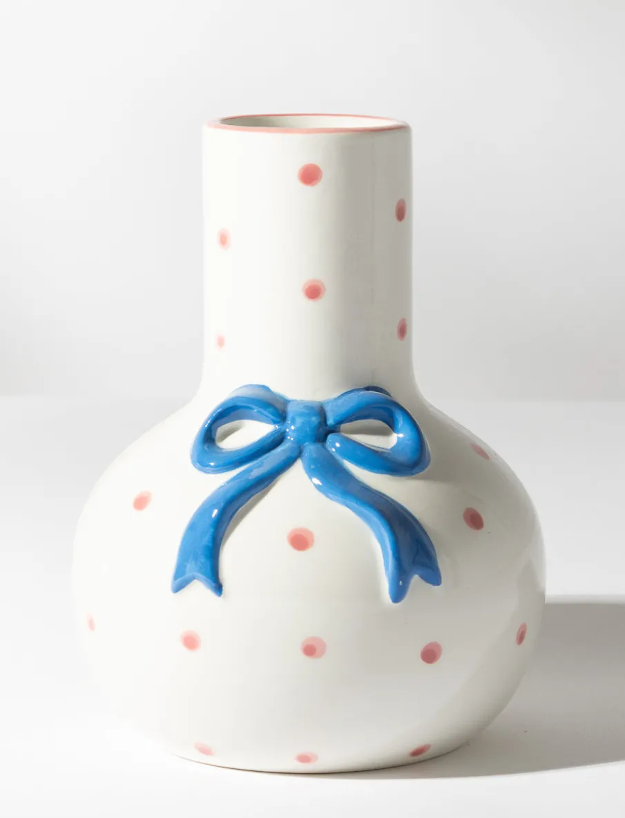 Polka Dot Ceramic Vase with Bow