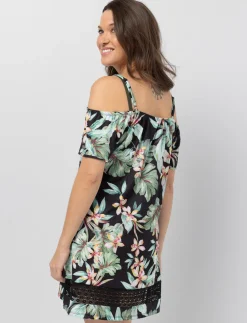 Printed Off-shoulder Swim Cover-up Tunic