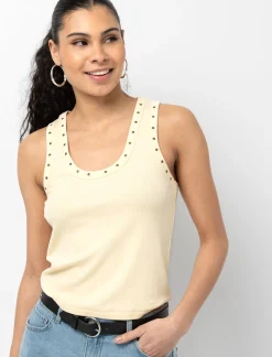 Ribbed Tank Top with Studded Neckline