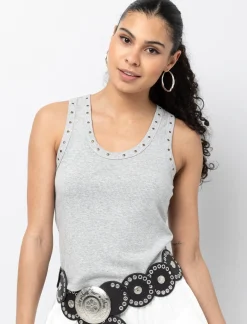Ribbed Tank Top with Studded Neckline