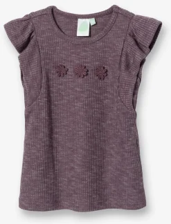 Ribbed T-shirt with Embroidered Flowers