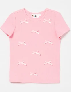 Ribbed T-shirt with Satin Bows - Little Girl