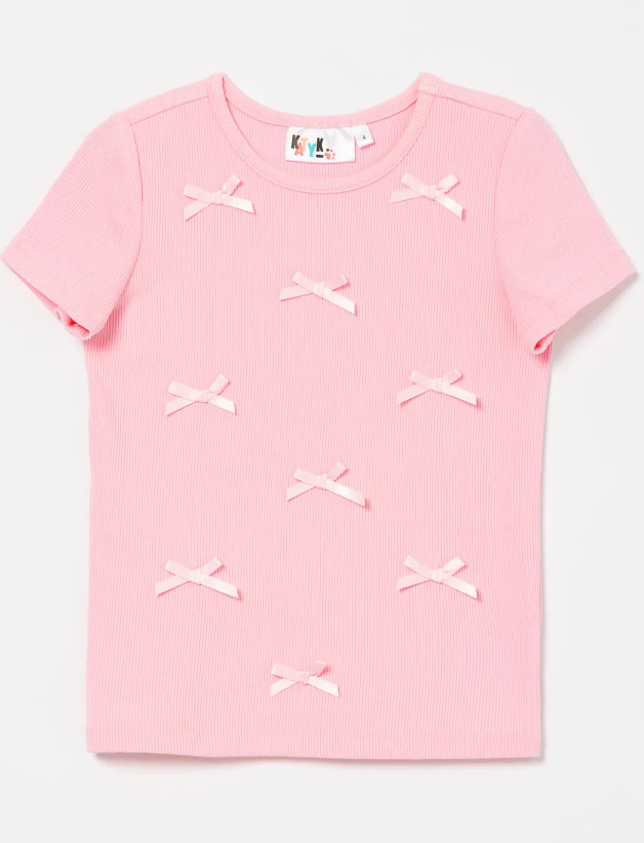 Ribbed T-shirt with Satin Bows - Little Girl