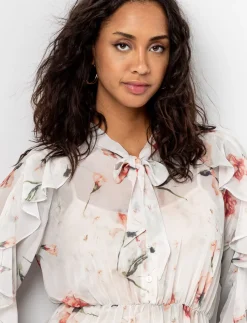 Ruffled Floral Dress with Tie Neck