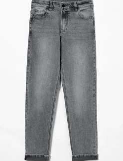 Washed Straight Jeans with Cuffed Hems